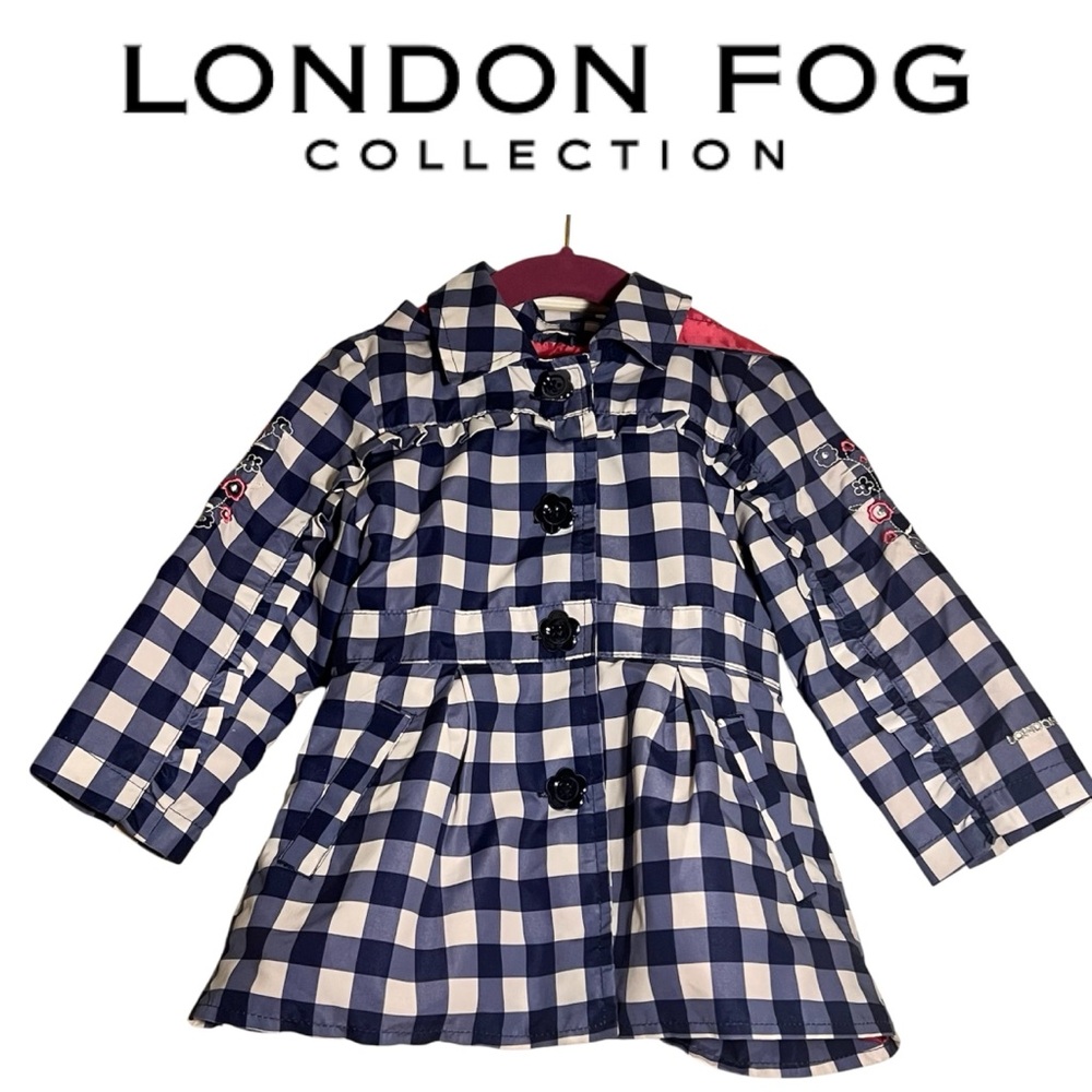 3/$30 London Fog Blue & White checkered hooded spring girls coat size 2T